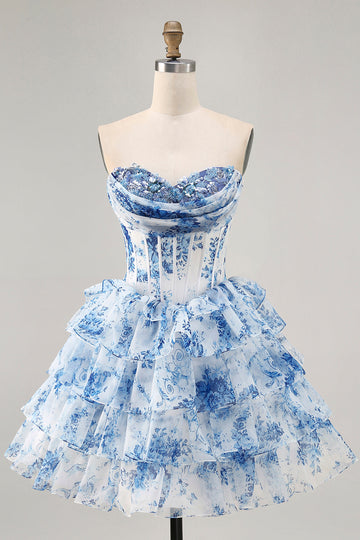 Robe de bal imprimée à paillettes a-ligne fleurs bleues blanches